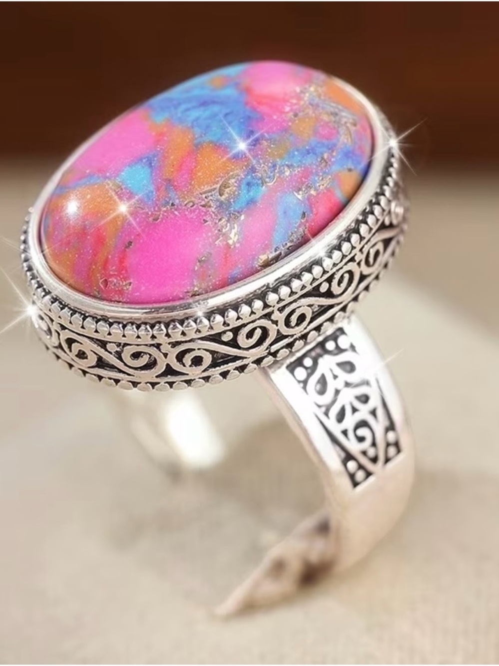 Sterling Silver Pink Multicolor Stone Statement Ring